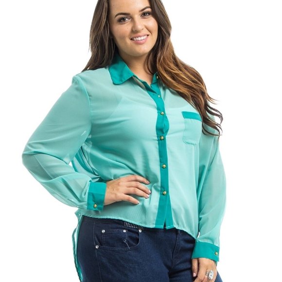 Roman Ladies Sheer Button Shirt Long-Sleeve Color-Block Mint Plus Size 3X  NWT - Picture 3 of 3